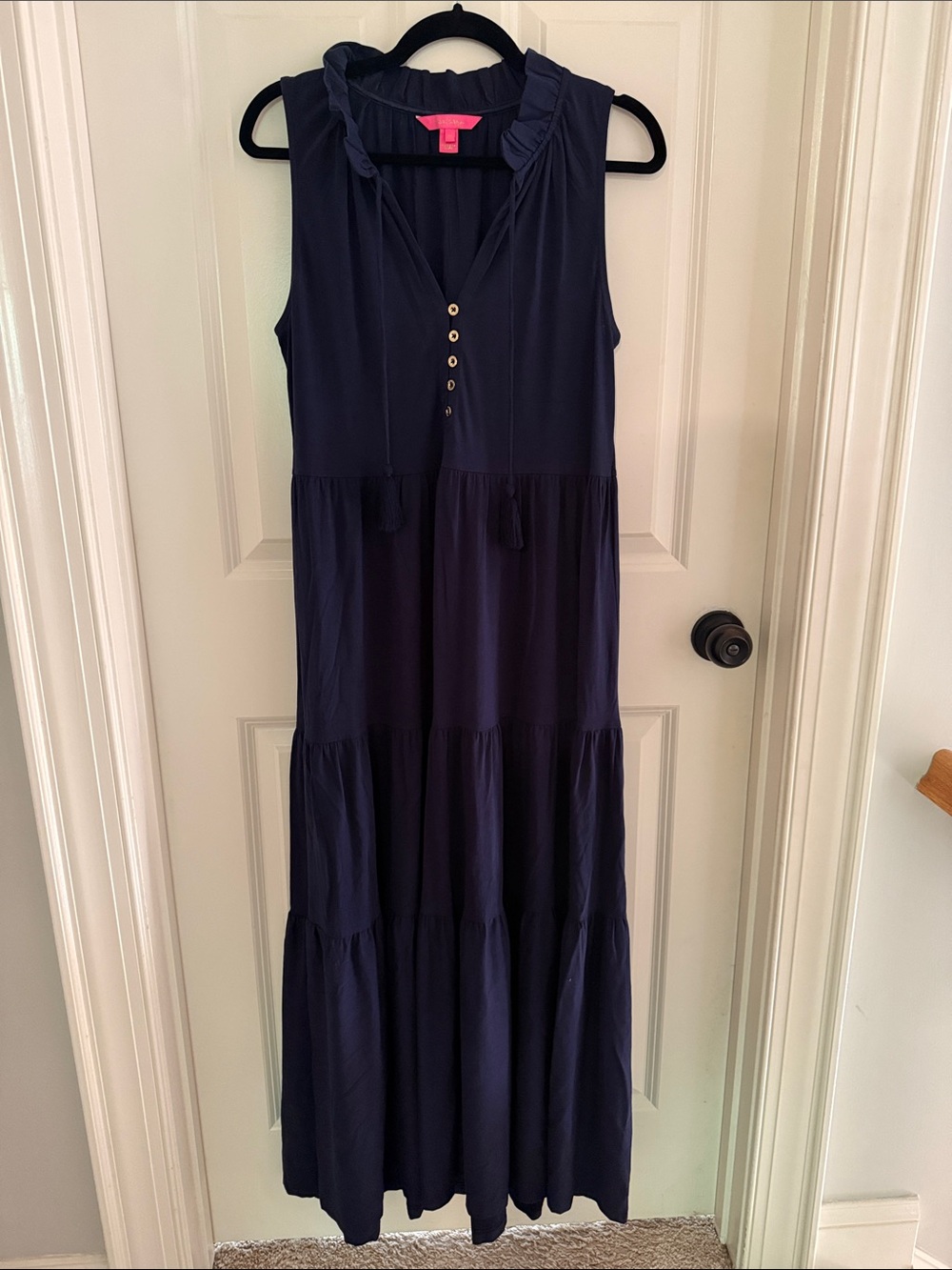 Lilly Pulitzer Sleeveless Navy Tiered Maxi Dress with Ruffle Collar, Size M
